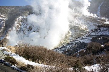 Fototapeta na wymiar Okuwadani hot spring tourist view