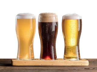 Three glasses of beer on the wooden table.
