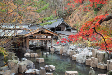 Naklejka premium Takaragawa onsen gorące źródło z kolorowymi drzewami jesienią, Japonia