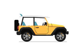 Fototapeta na wymiar Off road jeep icon. Comfortable auto vehicle, side view people city transport isolated vector illustration on white background.