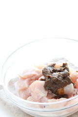raw chicken cube and spice for Satay cooking image