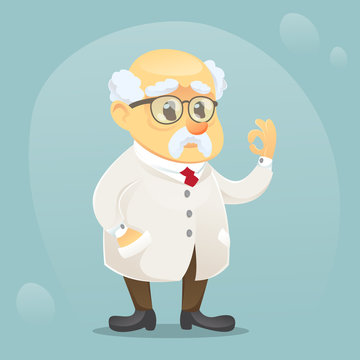 vector cartoon illustration old funny scientist character wearing glasses and lab coat