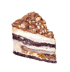 Watercolor painted layered cake with nuts in caramel 
