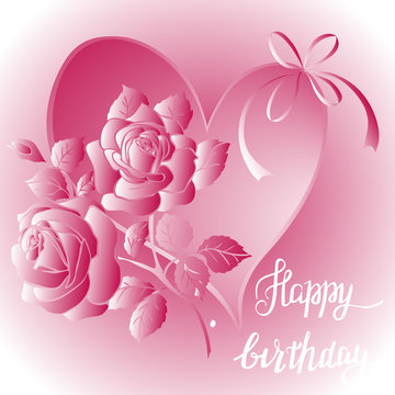 Happy Birthday lettering and bouquet of roses on purple background
