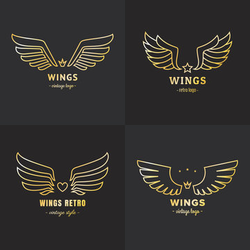 Gold wings outline logo vector set. Part two.