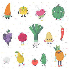Fototapeta premium Cute cartoon live fruits and vegetables vector set. Part one.