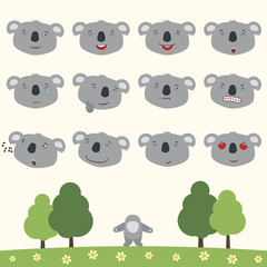 Emoticons set face of koala bear in cartoon style. Collection isolated heads of koala bear in different emotion and his body on meadow with trees.