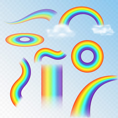 Realistic vector colorful transparent rainbows in different shape set.