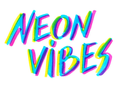 Big calligraphic hand written words "neon vibes" painted in neon blue, yellow and pink highlighter ink pen on clean white background
