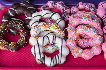 Colorfull delicious donuts in the market.Thailand.