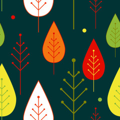 Seamless autumn vegetable pattern with abstract ornamental trees and colorful leaves