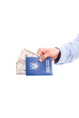 Passport with money in hand isolated