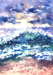 Fototapeta na wymiar Vector Landscape with sea surf, painted in watercolor. Seascape.