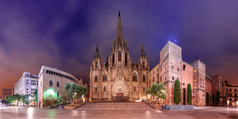 Fototapeta premium Panorama of Cathedral of the Holy Cross and Saint Eulalia in the moonlit night, Barri Gothic Quarter in Barcelona, Catalonia, Spain