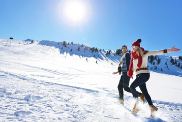 Fototapeta na wymiar Cheerful young couple having fun in winter park
