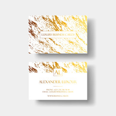 Luxury business cards vector template, banner and cover with marble texture and golden foil details on white background. Branding and identity graphic design