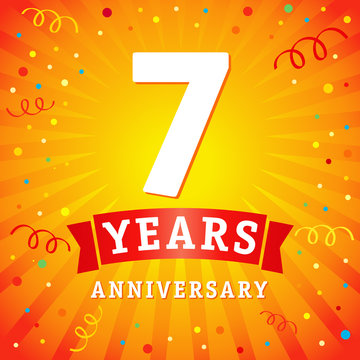 7 years anniversary logo celebration card. 7th years anniversary vector background with red ribbon and colored confetti on yellow flash radial lines