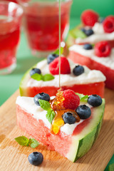 watermelon pizza slices with yogurt and berries, summer dessert
