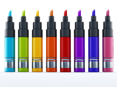 Multi colored marker pen isolated on white background. 3D illustration