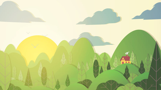 Paper-cut Style Applique Forest with Small House - Vector Illustration.