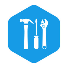 Icono plano herramientas en hexágono azul