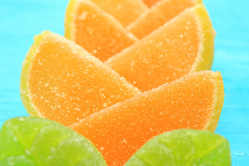 Composition of delicious jelly candies, closeup
