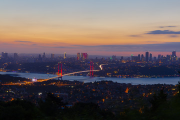 Bosporus Bridge at night with lights in Istanbul, Turkey