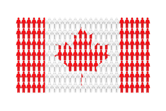 Canada Population Concept. Group Of Stick Figure People With National Flag Overlay. 3D Rendering