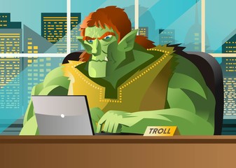 angry troll using a computer in the office - obrazy, fototapety, plakaty