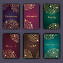 Card set with floral glowing decorative mandala elements background. Asian Indian oriental ornate banners