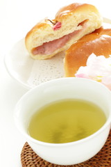 Japanese fusion berad, cherry blosoom bun and green tea