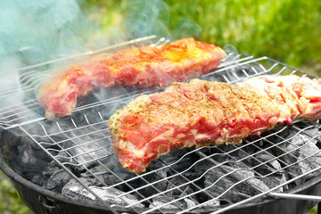 Appetizing juicy spare ribs grilled outdoors