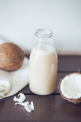 Fresh coconut milk in glass bottle