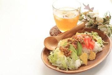 Fototapeta na wymiar Okinawa food, Tacos rice mince beef and vegetable on rice