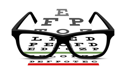 eye glasses and eye chart on white background