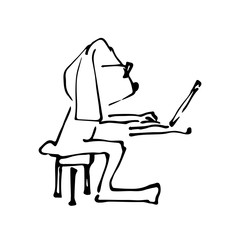 Hand drawn black and white illustration of a serious hipster cartoon rabbit in glasses working on laptop, sitting.
