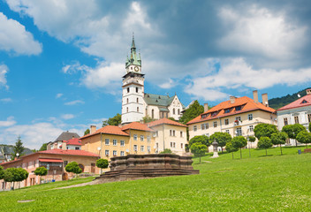 Kremnica  - The Safarikovo square with fountain, castle and St. Catherine church.