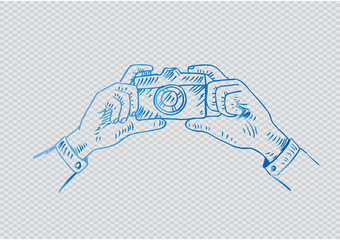 Sketchy of hands holding compact photo camera.