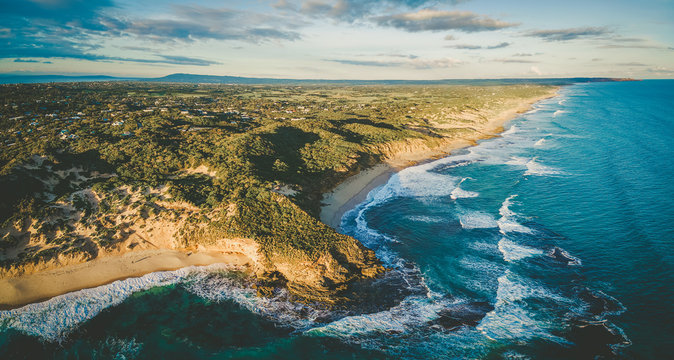 Aerial panorama of beautiful ocean coastline in Melbourne, Australia