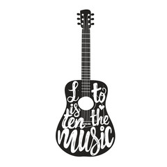Obraz premium Vector illustration with guitar. Listen to the Music lettering quote.
