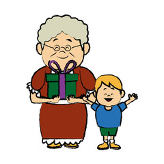 lovely grandma with grandson holding gift box