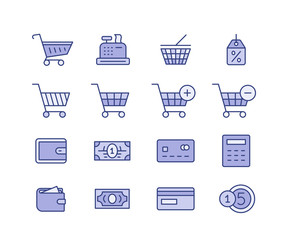 Shopping and icons for online store website. Digital payments.