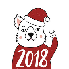 Vector Illustration, typography poster with dog in christmas red head and sweater. Lettering - 2018.