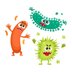 Set of ugly virus, germ and bacteria characters, cartoon vector illustration on white background. Collection of ugly, scary bacteria, virus, germ monsters with human faces and sharp teeth