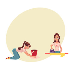 Pretty young woman, housewife doing housework - ironing, washing the floor, cartoon vector illustration with space for text. Beautiful woman, girl washing floor, ironing, cleaning her house