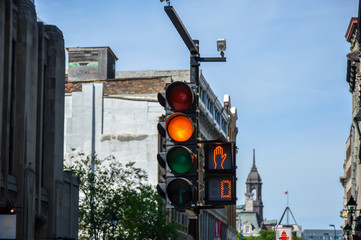 Old Montreal and Old Port yellow traffic light in Canada