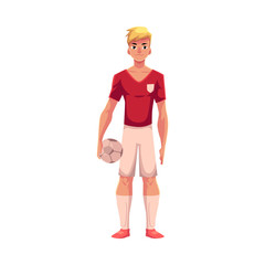 Handsome blond football, soccer player in uniform standing and holding ball, cartoon vector illustration isolated on white background. Professional soccer player holding football ball, front view