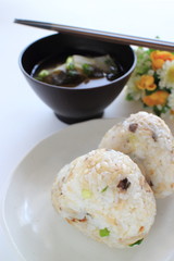 Japanese food, mackerel rice ball and miso soup