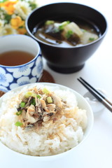 Japanese food, grilled mackerel flake and soy sauce on rice