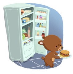Fototapeta premium oso cogiendo una hamburguesa de la nevera